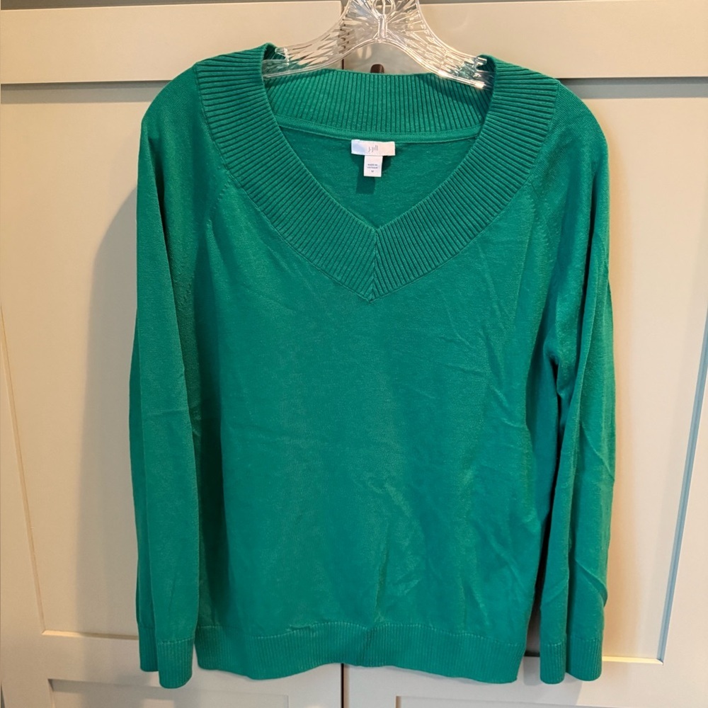 EUC J. Jill Teal Green Wide V-Neck Cotton Blend Sweater SZ M